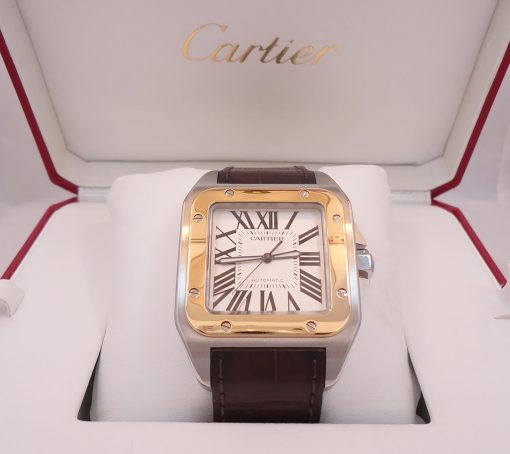 CARTIER Santos 100 XL Two Tone Gold Steel White Leather Automatic 3774 W20072X7