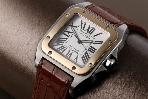 CARTIER Santos 100 XL Two Tone Gold Steel White Leather Automatic 3774 W20072X7